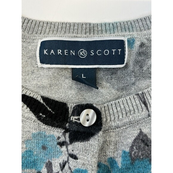 BEAUTIFUL‎ KAREN SCOTT GREY/TEAL FLORAL SWEATER BUTTON UP CARDIGAN. SZ L - Picture 3 of 10